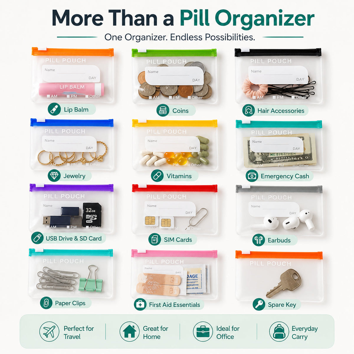 💊14-Pouch Travel Medicine & Supplement Organiser – Removable Colour-Coded Zip Pouches with Binder Case