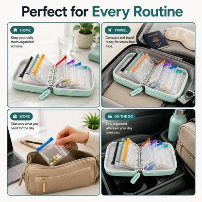 💊14-Pouch Travel Medicine & Supplement Organiser – Removable Colour-Coded Zip Pouches with Binder Case