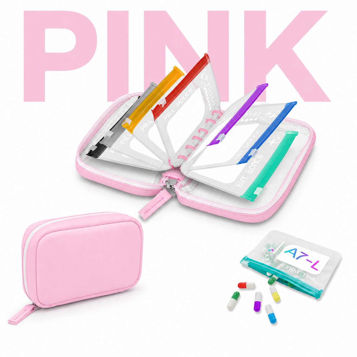 💊14-Pouch Travel Medicine & Supplement Organiser – Removable Colour-Coded Zip Pouches with Binder Case